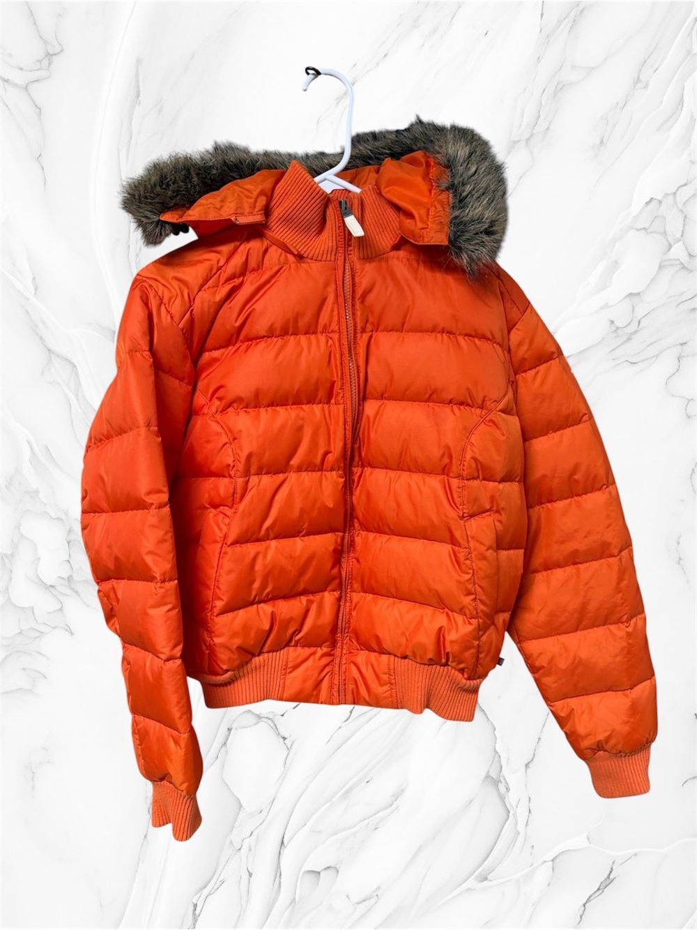 Vintage Polo Ralph Lauren Orange Puffer Jacket with removable Faux Fur Hood S